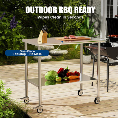 Chingoo Stainless Steel Work Table with Wheels, 24x48 Inch NSF Kitchen Prep Table with Adjustable Undershelf for Commercial Restaurant, Garage, Outdoor BBQ