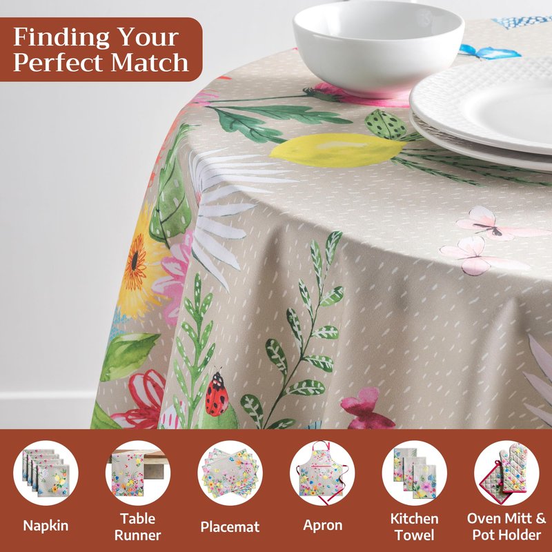 Maison d' Hermine Table Cloth Round Table 100% Cotton 63 Round Inches Tablecloth Reusable Decorative for Dining Kitchen Room Farmhouse Home Gifts for Mothers Day Spring Summer - Jardin D'Ete - Fog