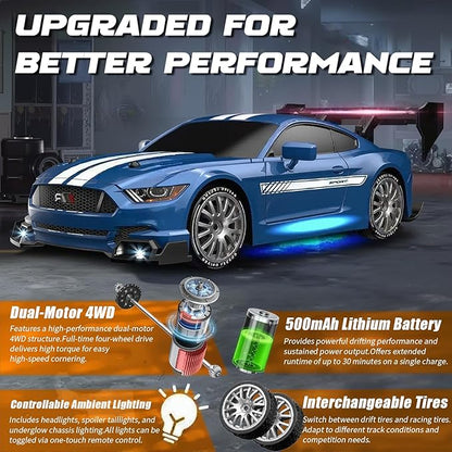 RC Drift Car 1:24 Scale Remote Control Vehicle for Kids2.4GHz 20KM/H 4WD High Speed RC Cars with LED Light Two Batteries &amp Drifting Tires Racing Sport Toy Cars for Adults Boys Girls Kids 8601RD