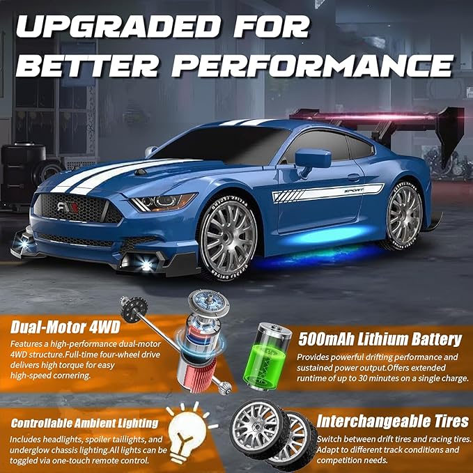 RC Drift Car 1:24 Scale Remote Control Vehicle for Kids2.4GHz 20KM/H 4WD High Speed RC Cars with LED Light Two Batteries &amp Drifting Tires Racing Sport Toy Cars for Adults Boys Girls Kids 8606RD