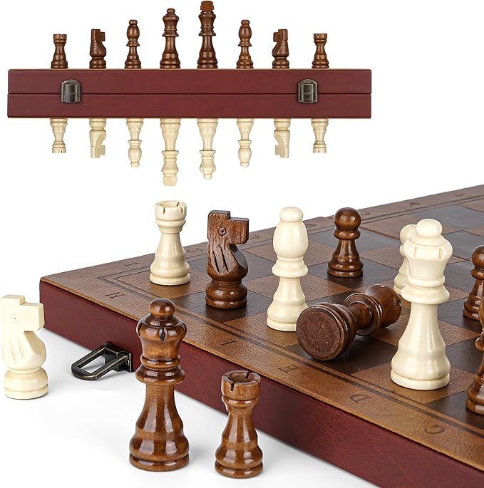 Strong Magnetic Chess Set for Adults &amp Kids 15.4 Leather Chess Board &amp Handcrafted Wooden Chess Pieces with Storage Slots Portable Travel Chess Game for Beginner and Professional