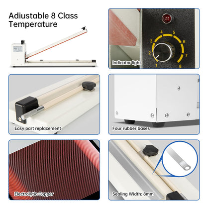 R-PACK Impulse Heat Sealer with Seal bar, Heavy-Duty Bag Sealing & Cutting Machine, 8mm Sealing Width, 1 Extra Replacement (white, 36 inch)