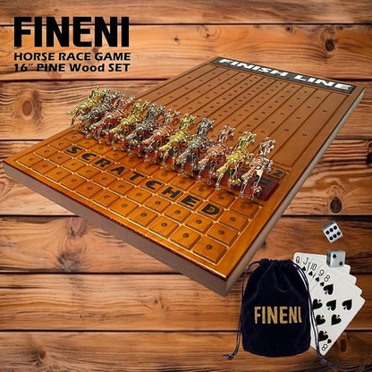 Horse Racing Game for Adults - 11 Luxurious Metal Horses (Silver Black Rose Gold) 16 Dark Pine Wood Race Board Dice &amp Card Included (Dark Color)