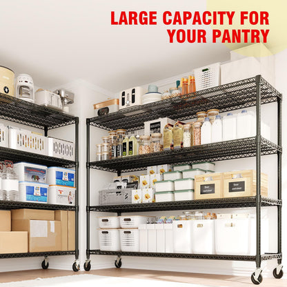 4-Tiers Storage Shelves 73" H Heavy Duty Metal Shelving with Wheels, 2640LBS Load Wire Shelving Rack Garage Shelves for Pantry Kitchen Industrial Warehouse Office, 59" W x 23.9" D