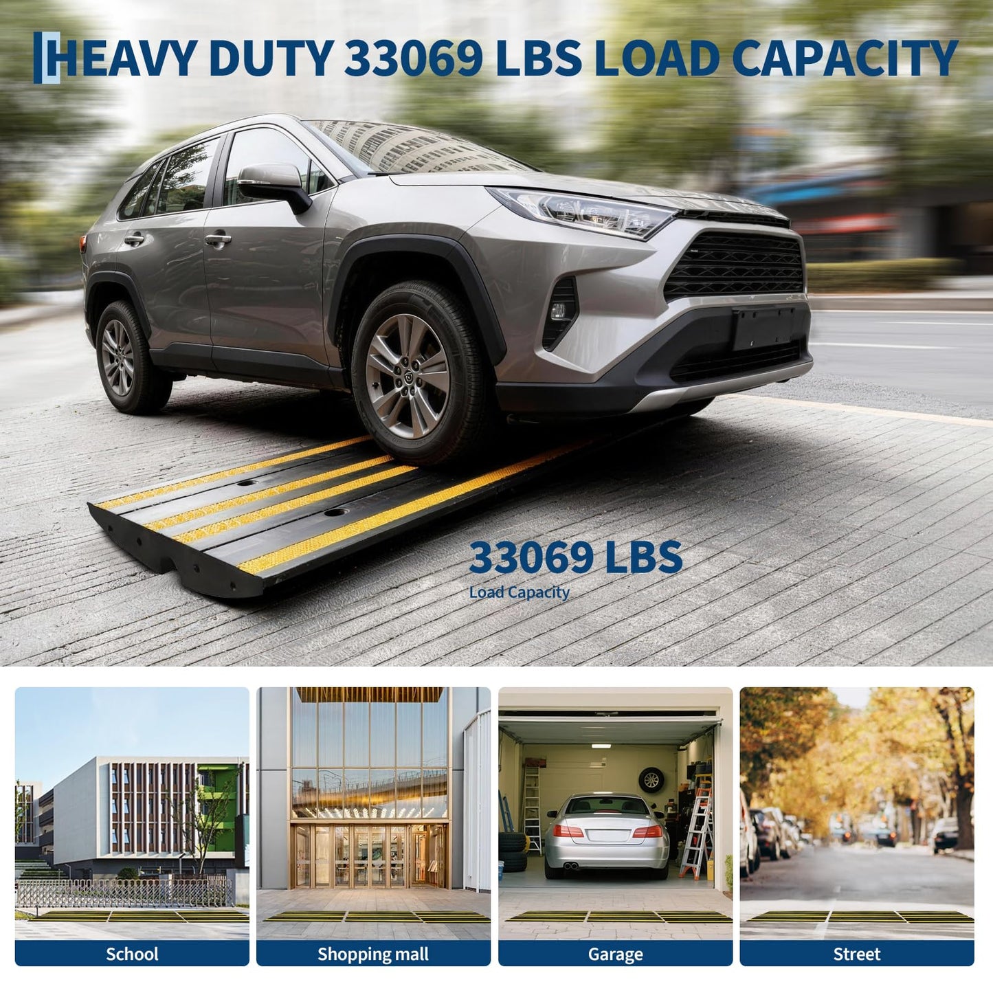 48" Car Driveway Rubber Curb Ramp 3 Pack, 33000 LBS Heavy Duty Low Profile Slope Ramps with Reflective Safety Strips for Vehicles, RVs, and Wheelchairs