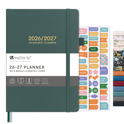 And Per Se Academic Planner 2026-2027 – Weekly & Monthly Planner, July 2026 to June 2027, A5 Leather Hardcover with Inner Pocket – Student & Teacher Organizer, 5.7" x 8"(Green)