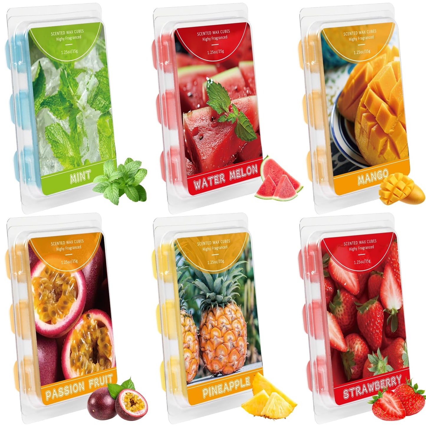SCENTORINI Wax Melts, Scented Wax Cubes Strong Scent, Summer Scents Soy Wax for Wax Warmer - Pineapple, Watermelon, Strawberry, Mango, Passion Fruit, Mint, 6 Pack