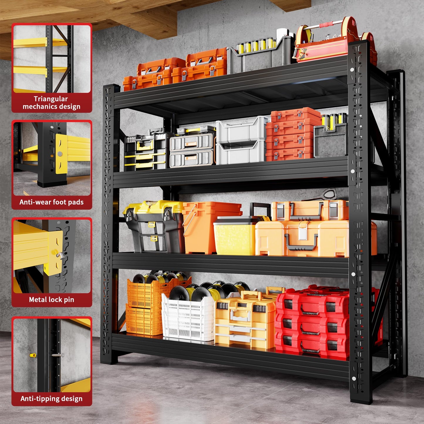 CXUZCZ 48" W Garage Shelving, 3000LBS Heavy Duty Adjustable Storage Shelf, 4 Tier Metal Shelving Uint, Storage Rack for Warehouse, Basement, Supermarket, 47.3" W x 23.7" D x 78.7" H Black