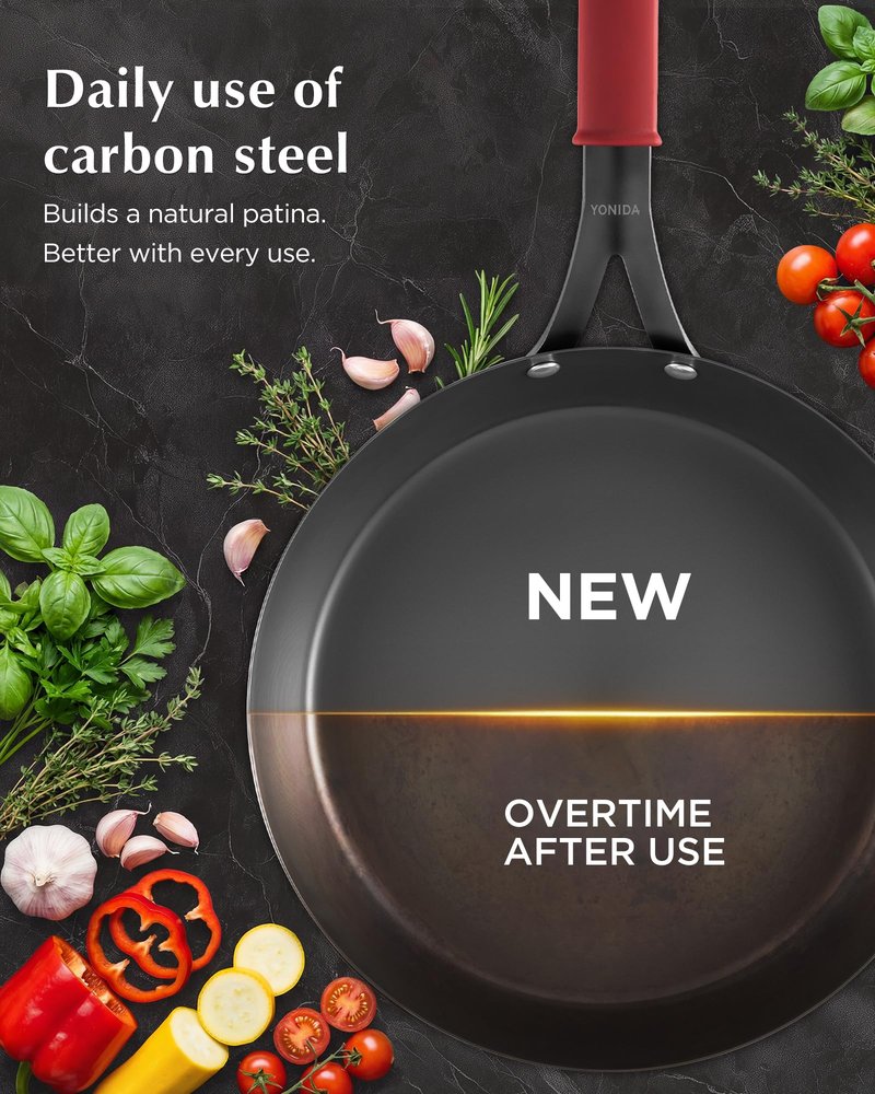Yonida Carbon Steel Pan, 10 Inch Nonstick Frying Pan Skillet, Pre-Seasoned Carbon Steel Cookware with Removable Silicone Handle Holder, Indoor/Outdoor, Induction & Oven Safe