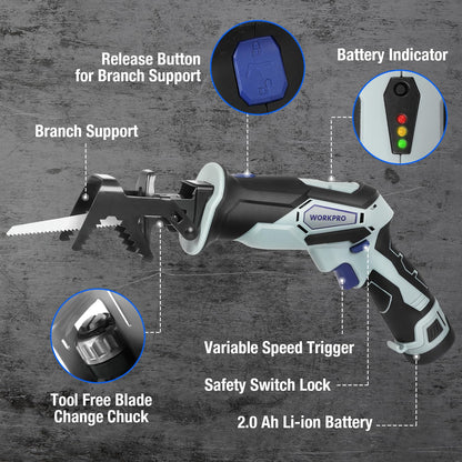 WORKPRO 12V Cordless Reciprocating Saw with Clamping Jaw, 2.0Ah Li-Ion Battery with 1 Hour Fast Charger, Variable Speed and Tool-Free Blade Change, 3 Saw Blades for Wood & Metal Cutting