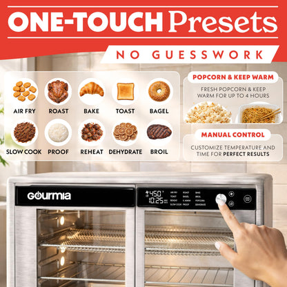 Gourmia French Door Air Fryer Oven - 37 Qt Large Capacity Convection Toaster Oven, FryForce 360°, Digital Display, 12 Cooking Presets, Dehydrate, Fits 13” Pizza, Dishwasher-Safe, Stainless Steel
