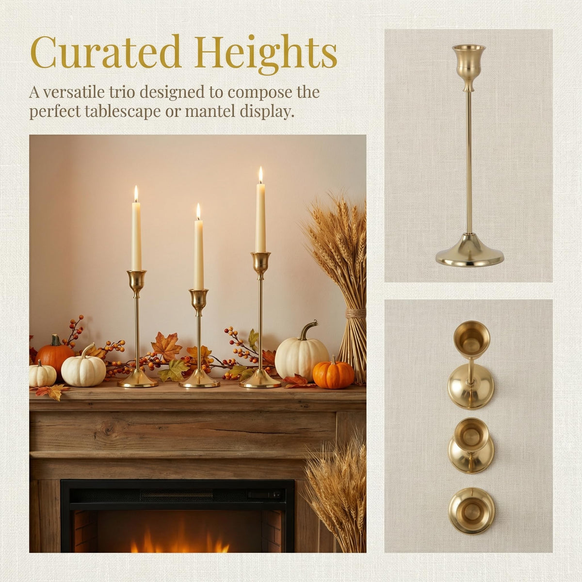 2 Sets(6 Pcs) Brass Tapered Candle Holder,Candlestick Tall Metal Candlestick Holders for Table Centerpiece Home Decor for Wedding Fireplace Mantel Housewarming Gift Fits 3/4 Inch Thick Candles