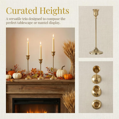 Set of 3 Brass Tapered Candle Holder,Candlestick Tall Metal Candlestick Holders for Table Centerpiece Home Decor for Wedding Fireplace Mantel Housewarming Gift Fits 3/4 Inch Thick Candles