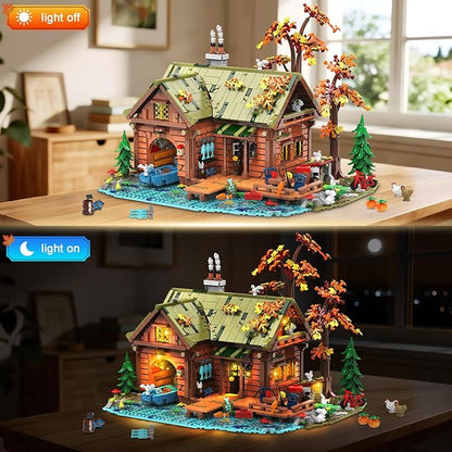 Overwater Cabin Mini Building Set with Light 2423 PCS Wooden Forest House Building Block Toy with Boat Bike Animals Home Decor Treehouse Construction Model Kit for Adults Teens Boys Girls 12+