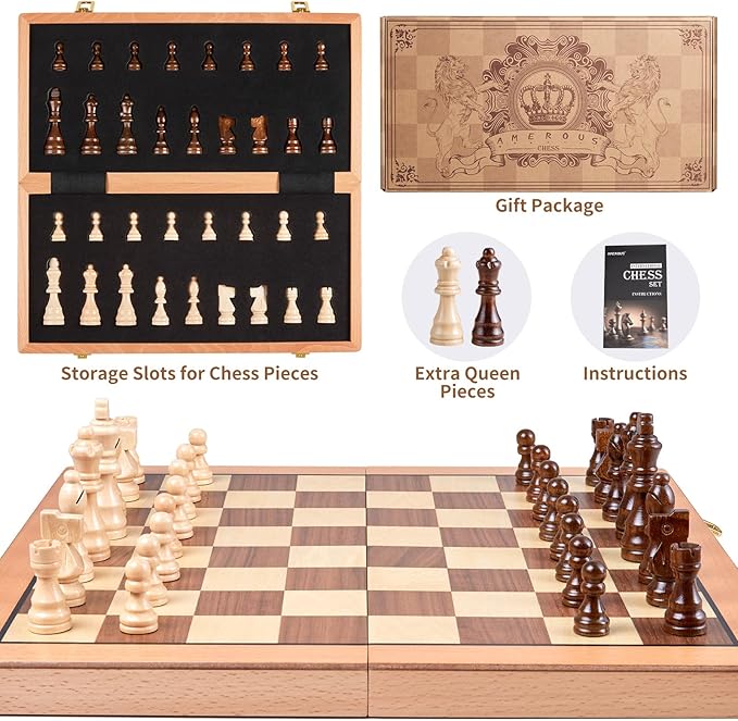 AMEROUS Magnetic Wooden Chess Set 15 Inches Handmade Wooden Folding Travel Chess Board Game Sets with Chessmen Storage Slots for Kids and Adults 2 Bonus Extra Queens Gift Box Packed