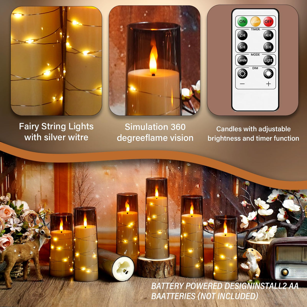 Flameless LED Candles with Timer 24 Pc Flickering Flameless Candles for Romantic Ambiance and Home Decoration Stable Acrylic Shell,with Embedded Star String，Battery Operated Candles（Grey）