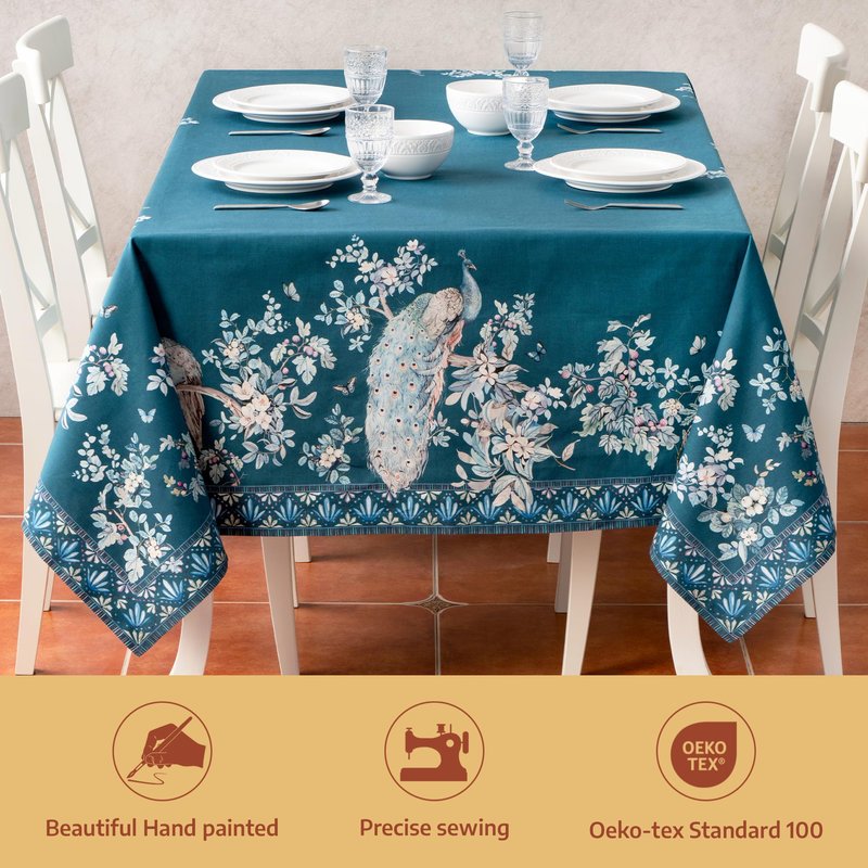 Maison d' Hermine Premium Table Cloth Rectangle Table 100% Combed Cotton 140 x 70 Inches Tablecloth Reusable Decorative for Dining Room, Farmhouse, Party, Festive & Wedding - Peacock Utopia - Deep Sea