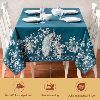 Maison d' Hermine Premium Table Cloth Rectangle Table 100% Combed Cotton 140 x 70 Inches Tablecloth Reusable Decorative for Dining Room, Farmhouse, Party, Festive & Wedding - Peacock Utopia - Deep Sea