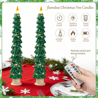 Eynshoo 2-Pack Christmas Tree Flameless LED Candles with String Lights, Realistic 3D Flickering Flame, Remote Control, Battery-Operated Christmas Decorations for Home & Holiday Display