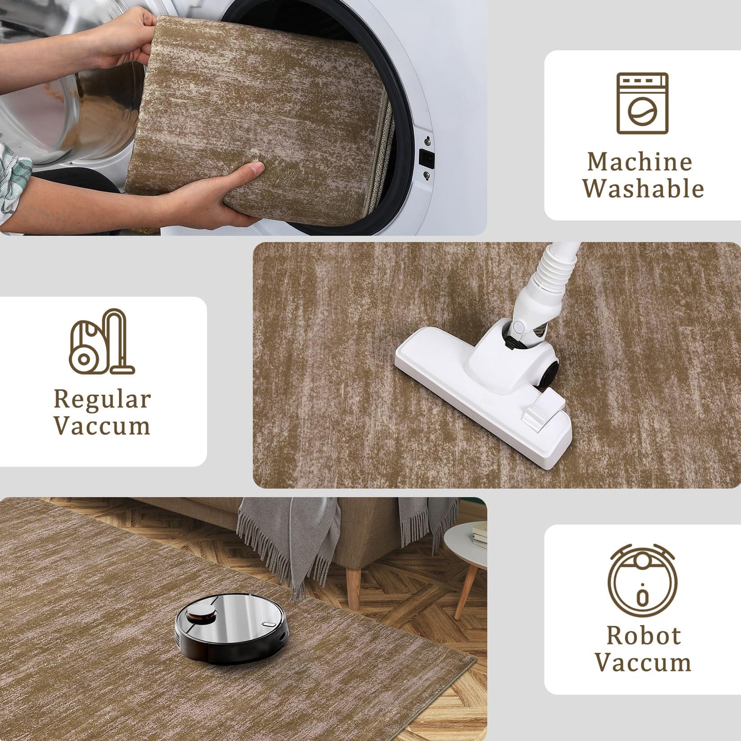 Garvee Large Area Rug 9x12 Living Room Rug Machine Washable Non Slip Floor Mat Modern Solid Soft Rugs Stain-Resistant Foldable Low Pile Carpet for Bedroom Nursery Office Dorm Kids Room Brown