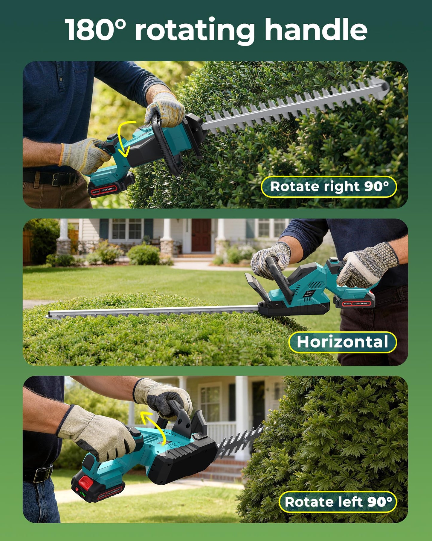 24'' Cordless Hedge Trimmer with 2 Rechargeable Batteries & Charger, 3000RPM Brushless Electric Handheld Bush Clipper, 180° Rotatable Head, 2/3'' Blade Gap, Gardening Gifts for Father’s Day