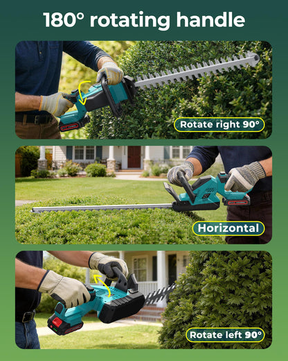24'' Cordless Hedge Trimmer with 2 Rechargeable Batteries & Charger, 3000RPM Brushless Electric Handheld Bush Clipper, 180° Rotatable Head, 2/3'' Blade Gap, Gardening Gifts for Father’s Day