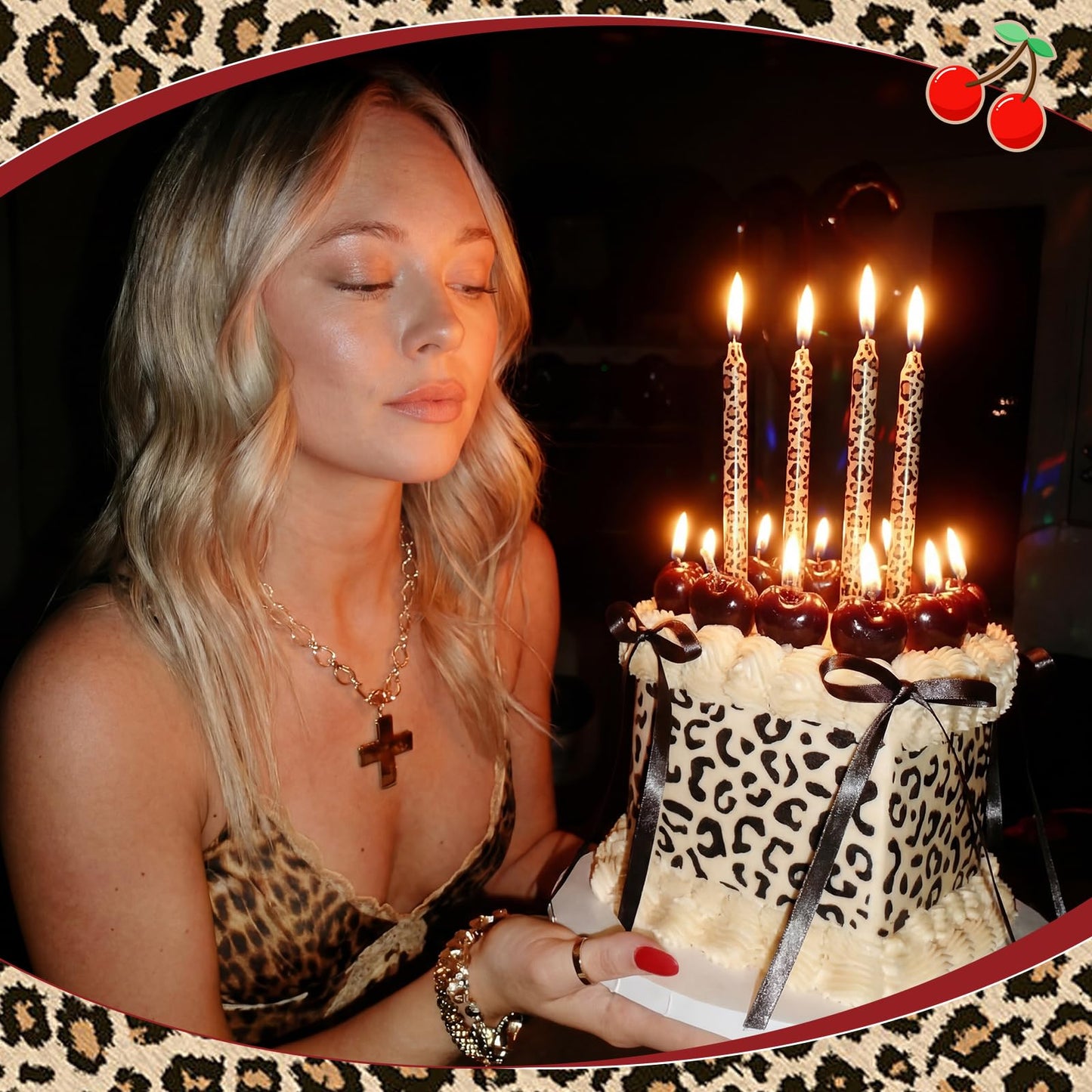 Conelist 18 Pcs Cheetah Cherry Birthday Candles Cute Cherry Shaped & Leopard Taper Cake Candles Decoration Cupcake Topper Decor for Birthday Bachelorette Wedding Party Supplies