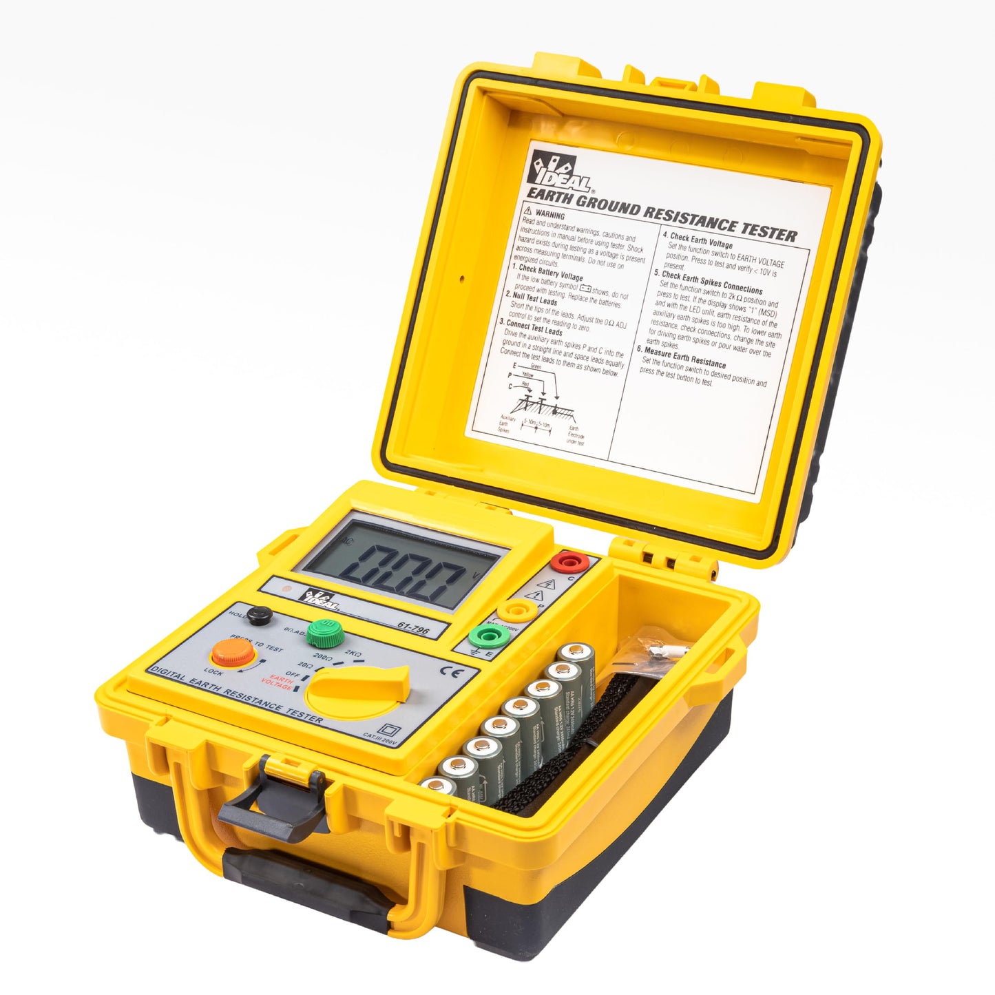 Ideal Electrical 3-Pole Ground Resistance Tester, Auto-Ranging Earth Voltage & Ground Rod Measurement, Non-GFCI Tripping Design, Zero-Ohm Adjust, Data Hold, Hard Case, Leads & Electrodes