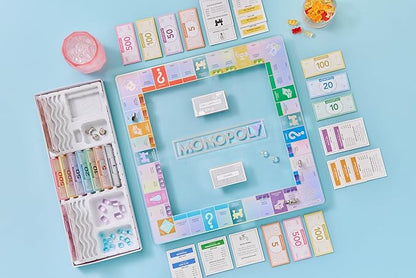 WS Game Company Monopoly Aura Edition Iridescent Tempered Glass Board Crystal-Clear Acrylic Houses Metallic Tokens Foil Cards &amp Tray Family Board Games for 2-6 Players Ages 8+