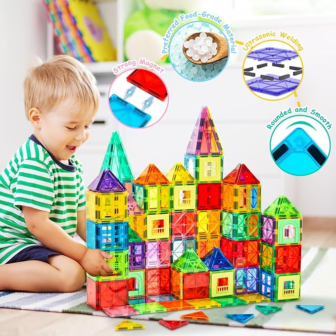 132 PCS Magnetic Tiles Building Blocks with 2 Cars STEM Educational Construction Montessori Toys for Kids Ages 3 4 5 6 7 8 9 Magnet Building Set Gift for Boys Girls