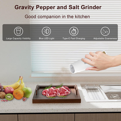 QTDHG Electric Salt and Pepper Grinder Set Rechargeable Gravity Pepper and Salt Mill Grinder Set Type-C Fast Charging, Adjustable Coarseness, Large Capacity with LED Light (Black White-2pcs)