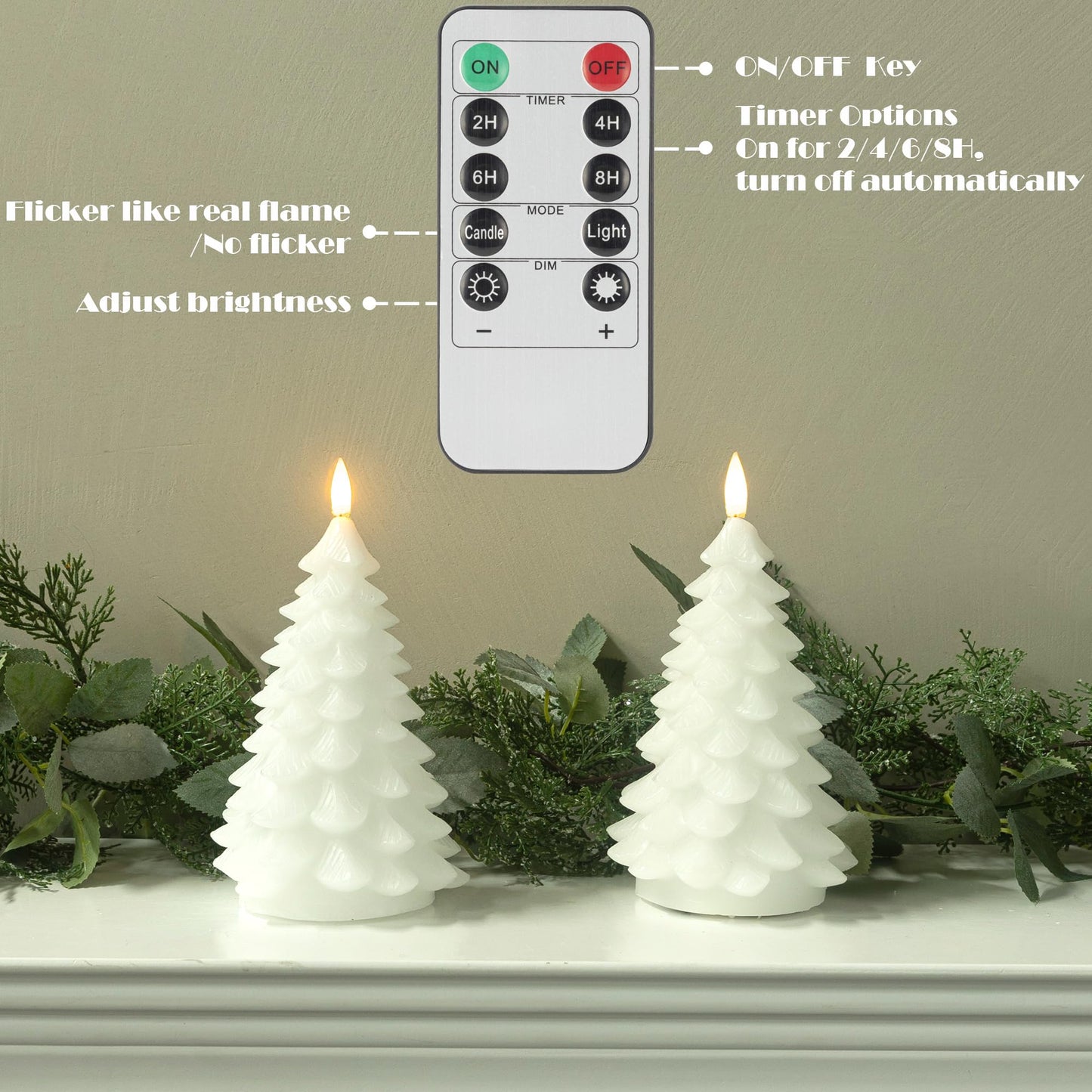 LUSHARBOR Flameless Candles with Remote Timer, 2 Pack Christmas Tree Candles Battery Operated LED Candles Real Wax Holiday Christmas Decoration for Bedroom Party Festival Gift White