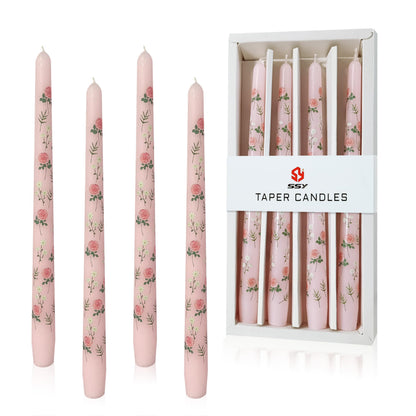 Rose Printed Taper Candle Smokeless- 4 Pack Handmade Pink Taper Candle - Dripless Uncented Candle 10 inches Long Flower Printed Tapered Candles for Mother's Day Home Wedding Restaurant Holiday Decor