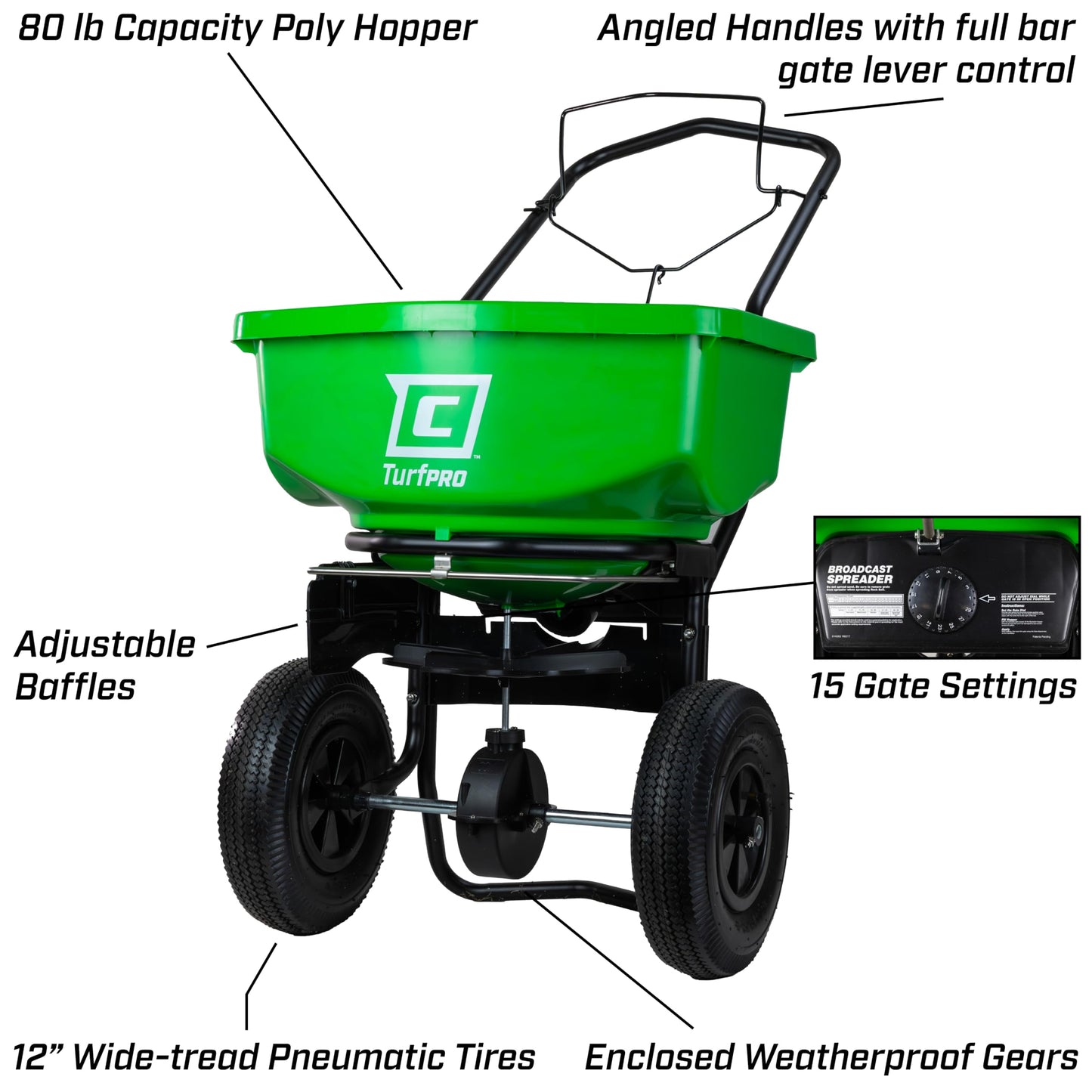 Chapin 89200A Spreader, Lawn and Garden, 80Lbs, All Season, TurfPro, Broadcast, Push, Walk Behind, 12" Tires, Weather-Proof, Poly Hopper, Pull-Bar Lever with 30 Setting Gate, Fertilizer and Seeds