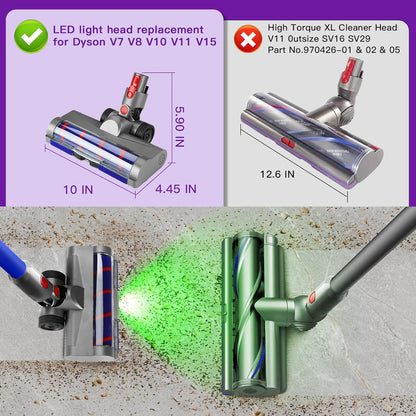 Lemige LED Green Light Head for Dyson V7 V8 V10 V11 V15 | Quick Release, Anti-Tangle Soft Brush Roller for All Floors