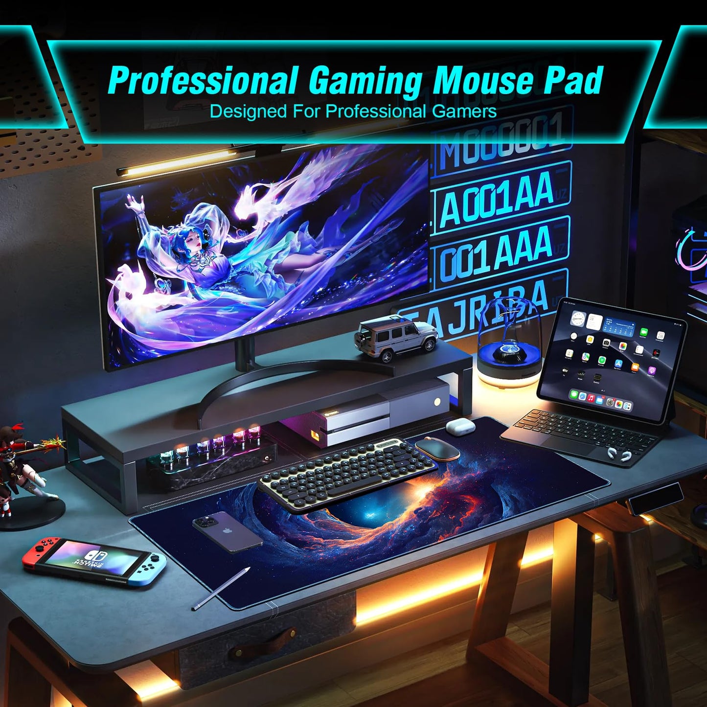 Large Gaming Mouse Pad, Technological Nebula Style Professional Gaming Mousepad, Non-Slip Waterproof Rubber Base Mouse Pad for Gaming & Office & Home, 31.5 x 11.8inch Full Desk Mouse Pad