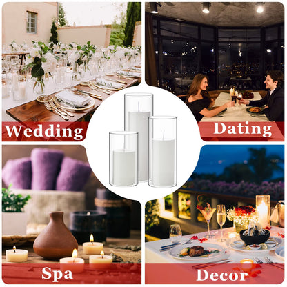 Shihanee Set of 3 Pillar Candles and 3 Glass Cylinder Candle Vases Holders Clear Pillar Jars for Wedding Centerpieces(3'' x 5.9'', 7.9'', 9.8'',White)