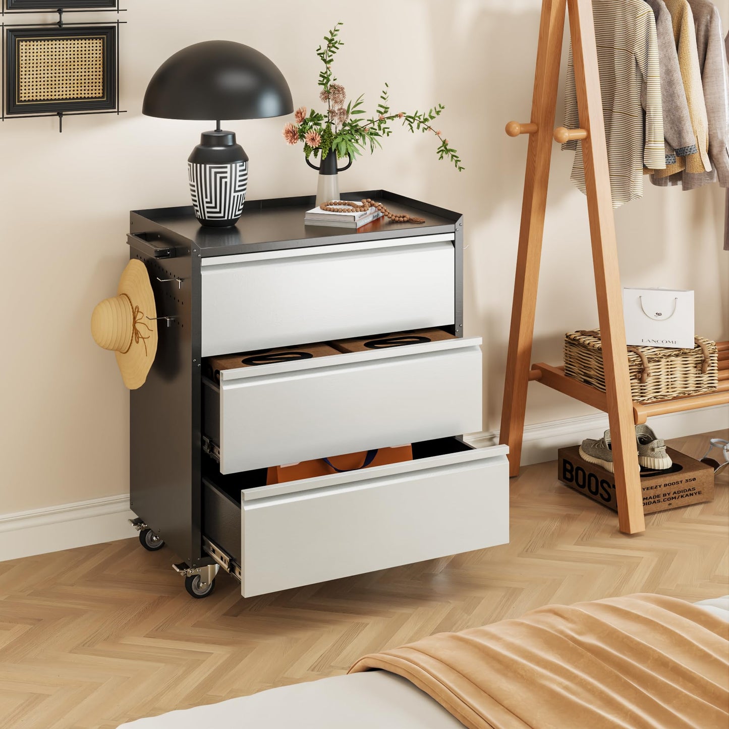 Aobabo Metal Rolling Tool Storage Cabinet with Drawers, Side Pegboards, Left Handle, Lockable Casters, Garage Workshop Utility Cart, 18.11 D x 30.3 W x 35.4 H Inches,Assembly Required