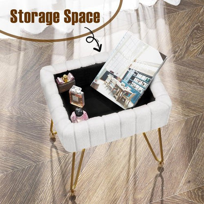 Greenstell Vanity Stool Chair Faux Fur with Storage, 15.7"L x 11.8"W x 19.4"H Soft Ottoman 4 Metal Legs with Anti-Slip Feet, Furry Padded Seat, Modern Multifunctional Chairs for Makeup, Bedroom White