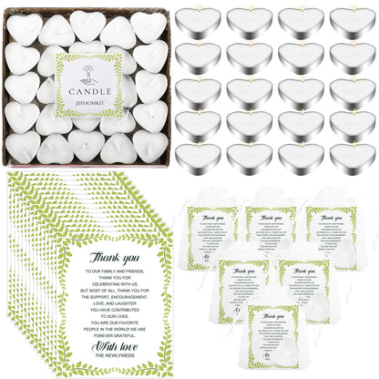JEFHOMKIT 100 Set Wedding Favors - Heart Shaped Tealight Candles and Thank You Cards with Organza Bags