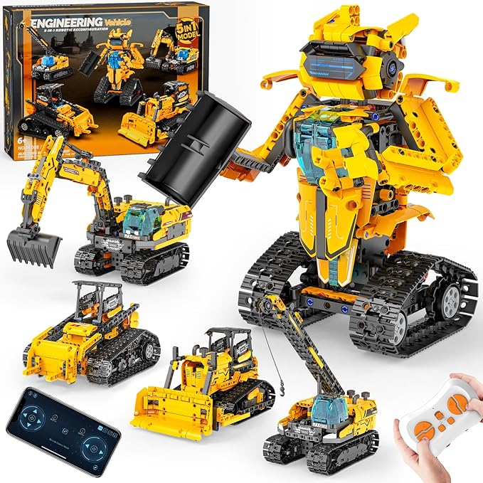5in1 STEM Robot Building Kits for Kids 6-14 Remote &amp APP Controlled STEM Excavator/Bulldozer/Crane/Robot Building Toys 736 Pcs Educational Building Sets for Kids Erector Sets Gifts for Boys Gir