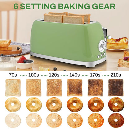 SUSTEAS Toaster 4 Slice Wide Slot, Stainless Steel Bread Bagel Toasters, Retro Long Slot Tostadora for Defrost, Reheat, Removable Crumb Tray, 1500W, 6 Browning Settings, Retro Green