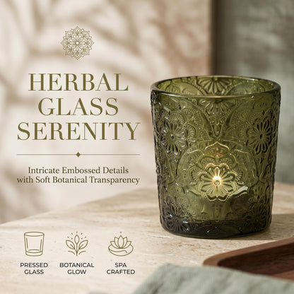 6 Pack Mandala Embossed Glass Candle Holders – Votive Tealight Holders with Patent Design, Decorative Embossed Glass Cups for Wedding Centerpieces, Parties, and Home Décor (Moss Green)