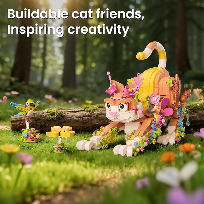 JOJO&ampPeach Cat and Flower Building Toy Set for Girls Animals Plant Model Ideas Birthday Gift for Women Adults Teens Girlfriend Mom Wife Age 8 9 10 11 12+ (1038 Pieces)