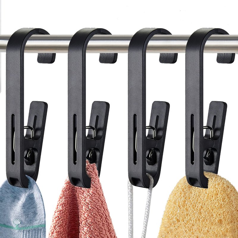 XoYoZo Laundry Hooks with Clips Hanger Closet Organizer Clamps Socks Boot Bras Towels for Bathroom Wardrobe Kitchen Office 4Pcs (Black)