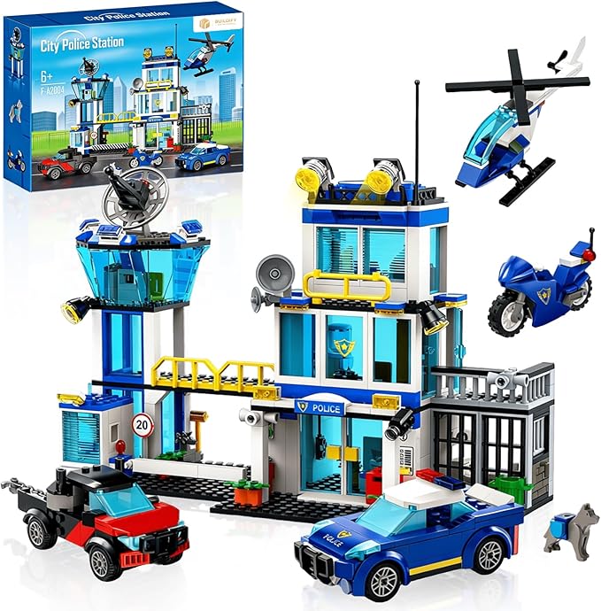 City Police Station Building Block Set with Light 634 PCS HQ Station Kits with Helicopter Police Car and Motorcycle. Ideal as a Birthday Holiday Collectible Gift for 6+ Fans Boys and Girls