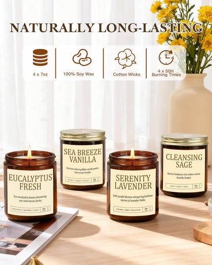 4 Pack Scented Candles for Home Scented: Soy Candles for Women, Up to 200H Burning Aromatherapy Candle Set, Jar Candle Gift Set for Birthday Valentine's Day, Scents of Sage/Vanilla/Lavender/Eucalyptus