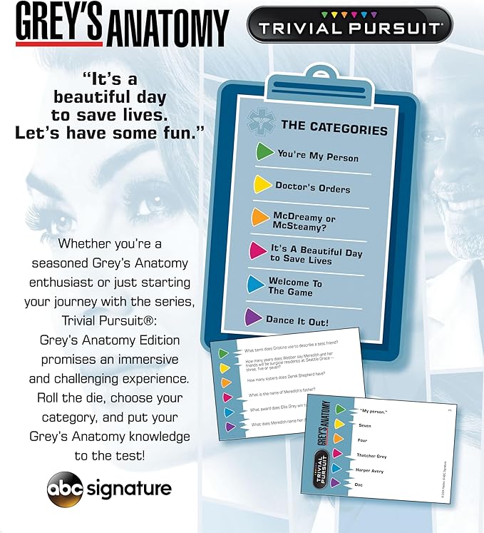 Trivial Pursuit Grey's Anatomy Trivia Game from The Hit Hospital Drama TV Series 600 Questions &amp Die in Travel Container Officially Licensed Grey's Anatomy Merchandise &amp Collectible