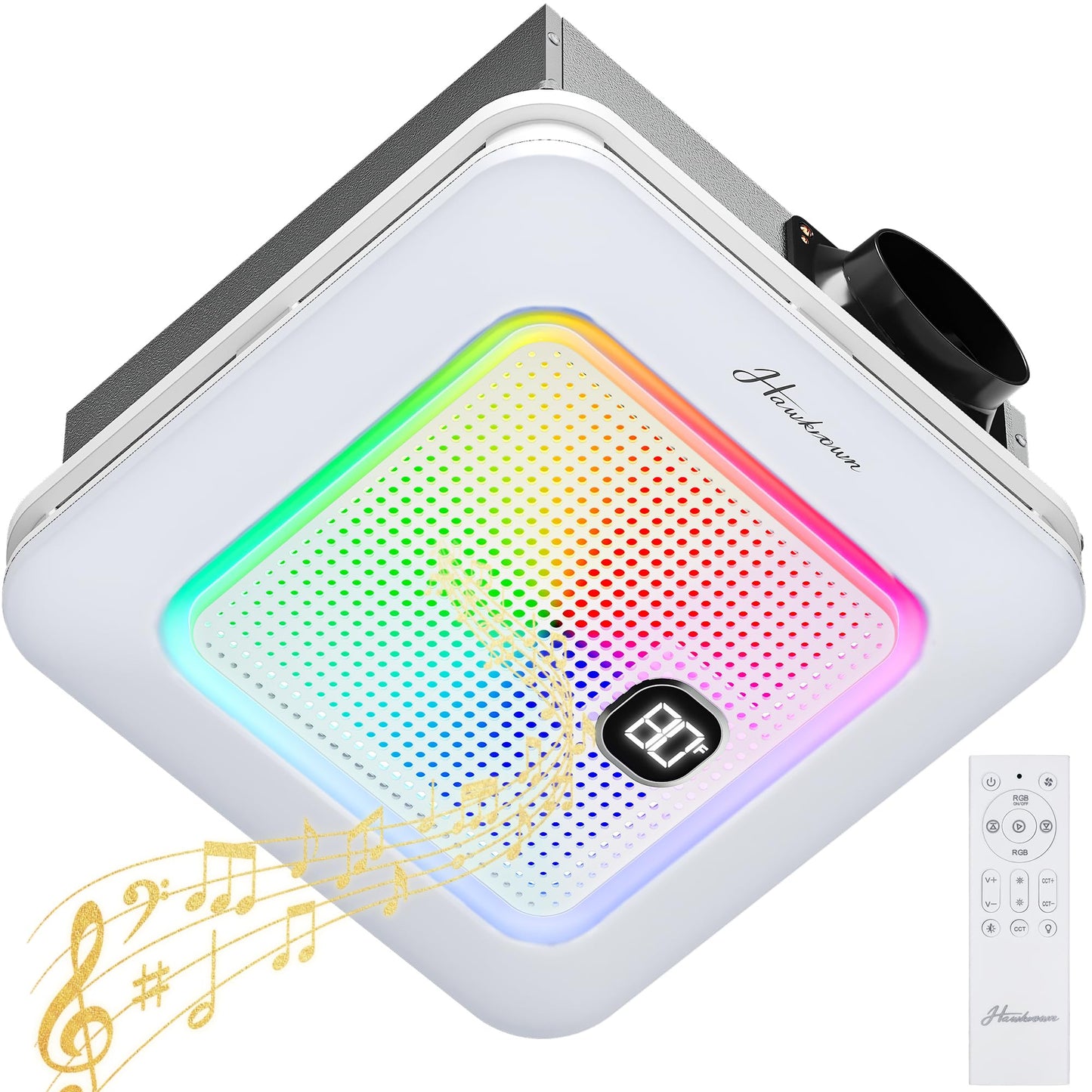 Hawkrown Bathroom Exhaust Fan with Bluetooth Speaker, 230 CFM 1.0 Sone Bathroom Exhaust Fan with Light, 3 Dynamic Light, 7 LED Color, 3 Color Temperatures, Nightlight,Remote, Easy Install (White)