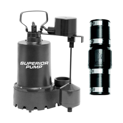 Superior Pump 92031 Cast Iron Submersible Sump Pump with Vertical Float Switch, plus 1-1/2-Inch Rubber Boot Check Valve, 1/3 HP, Kit